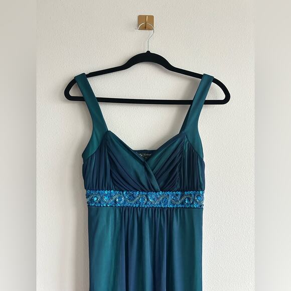 Y2K Teal Blue Hi-Lo Dress | Sheer Overlay Sequins | Size M Winter Formal - Picture 2 of 8